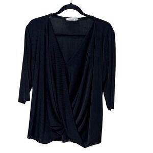 Mango Suit Womens Black Wrap Front V-Neck 3/4 Sleeve Textured Blouse Size Small